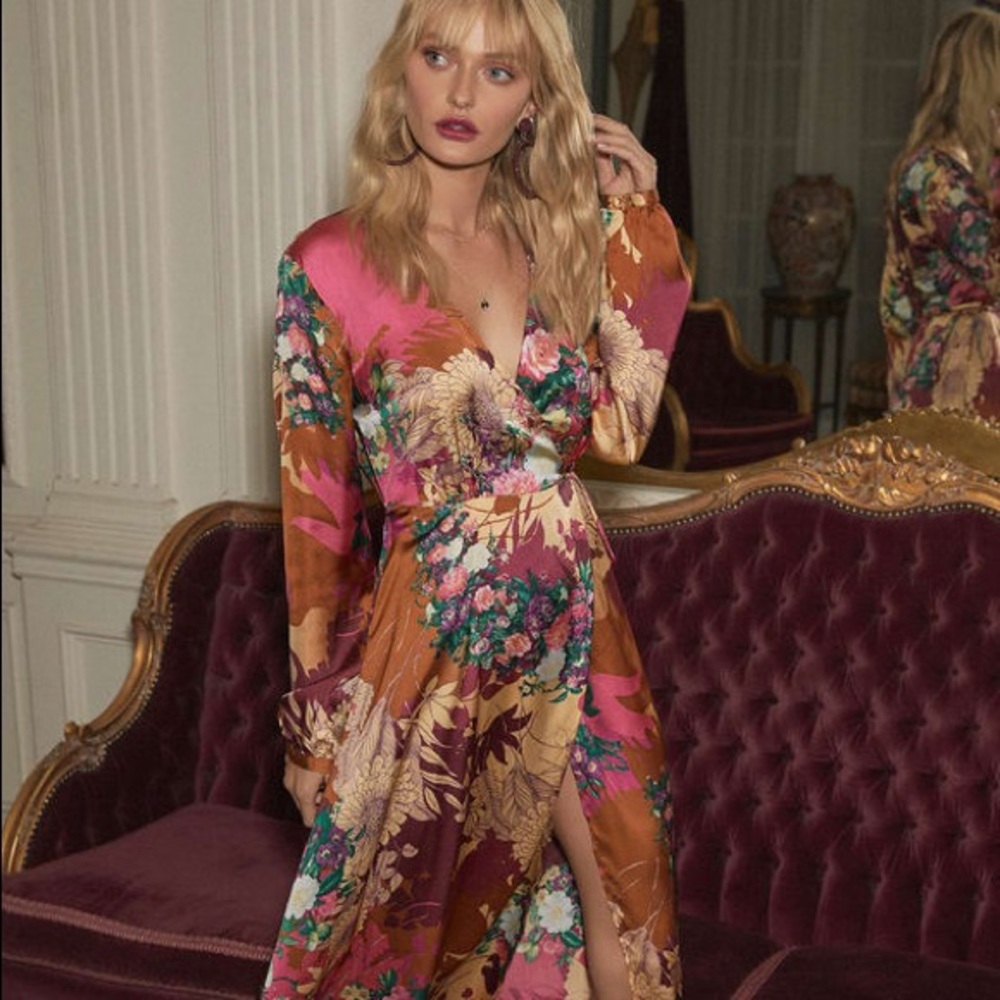Put on a Smile Floral Satin Wrap Maxi Dress